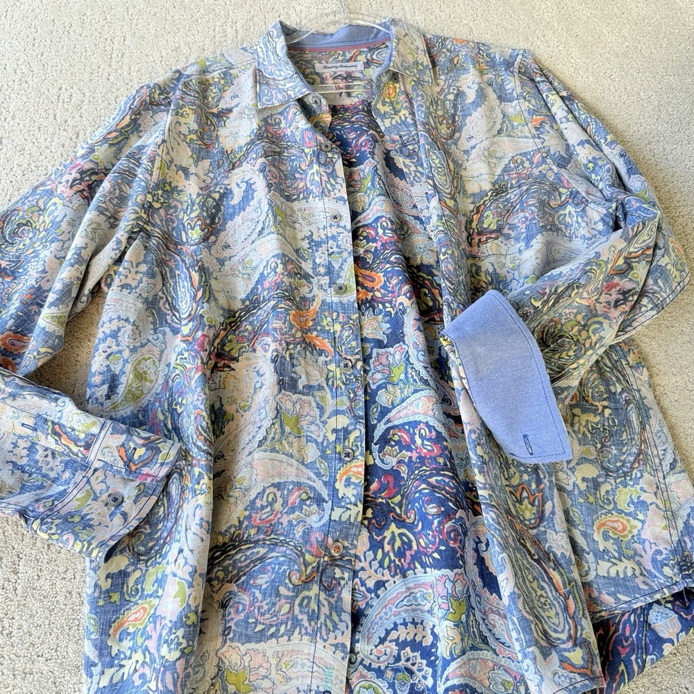 Tommy‎ Bahama Island Zone Paisley Promenade Shirt Men's L Linen Blue $148